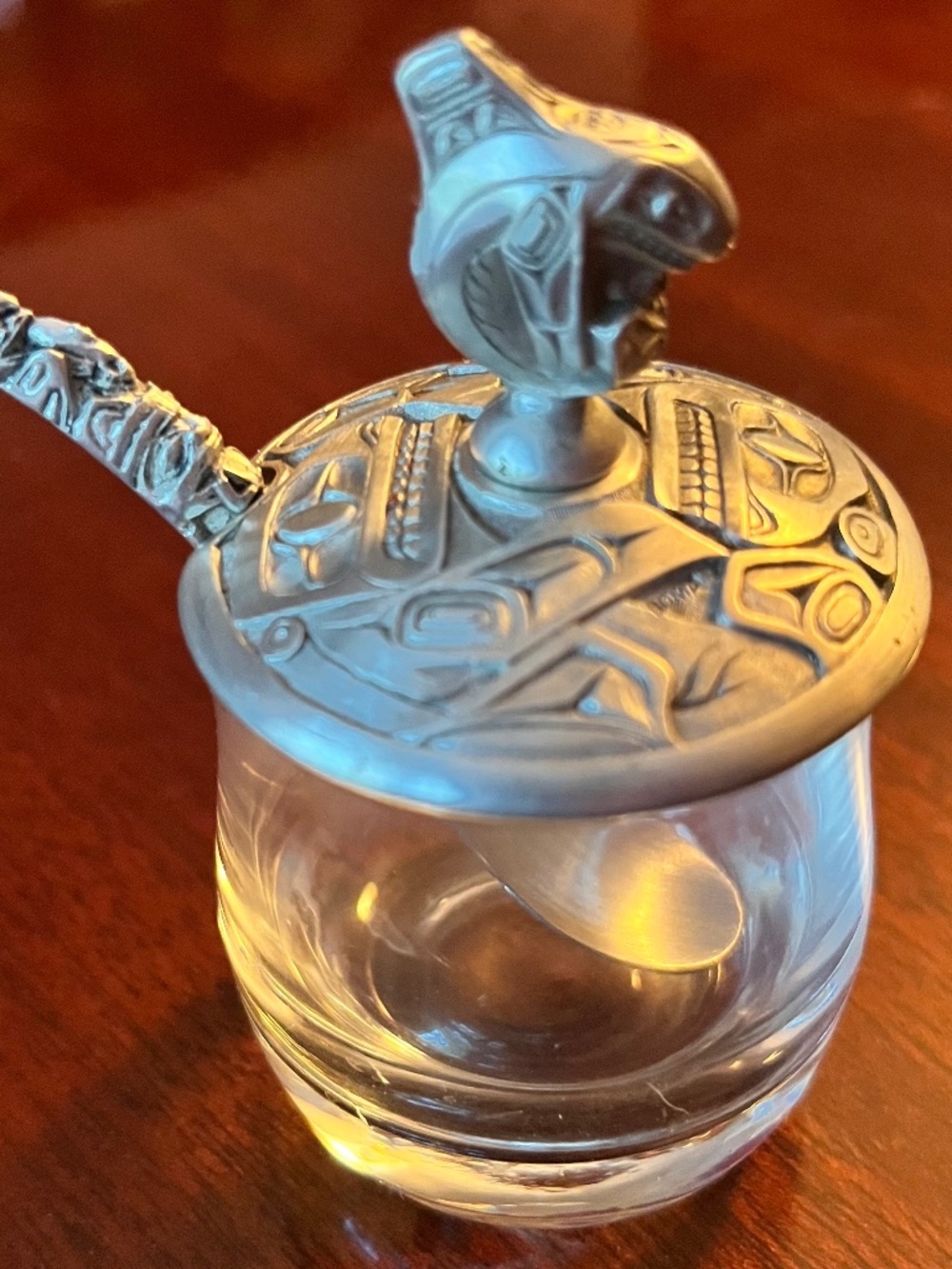 Vintage BOMA Canada Fine Pewter Condiment Jar & Spoon Northwest Coast Design